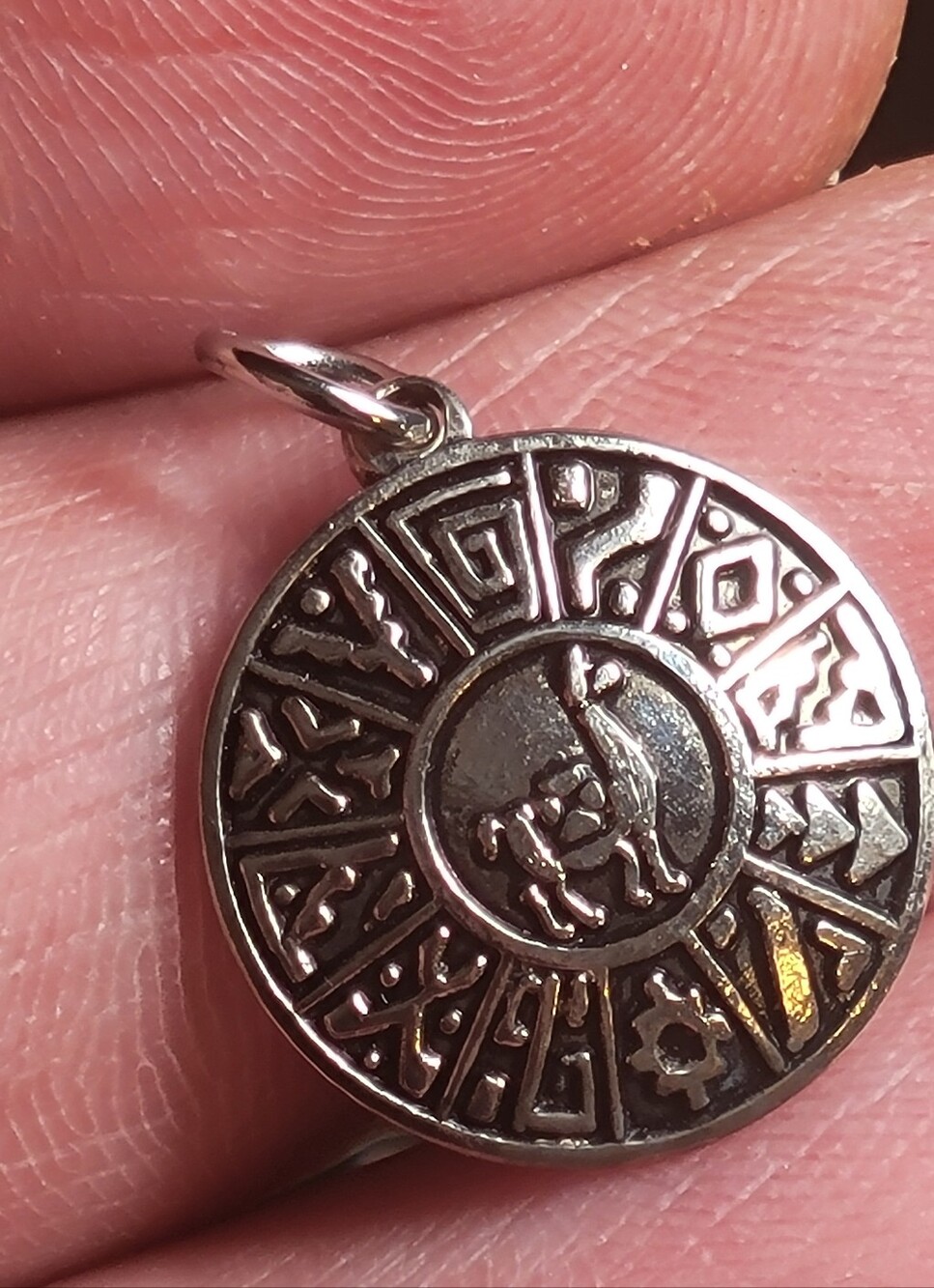 Vintage Peruvian 925 Sterling Silver Inca Calendar Llama Pendant Charm 1"